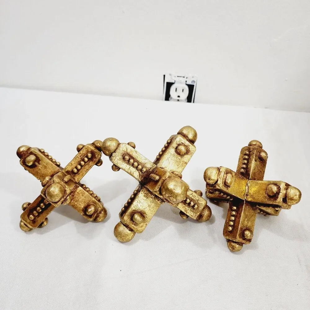 Set of 3 Vintage Gold Jacks Decor Large Mid Century MCM Distressed Paperweight